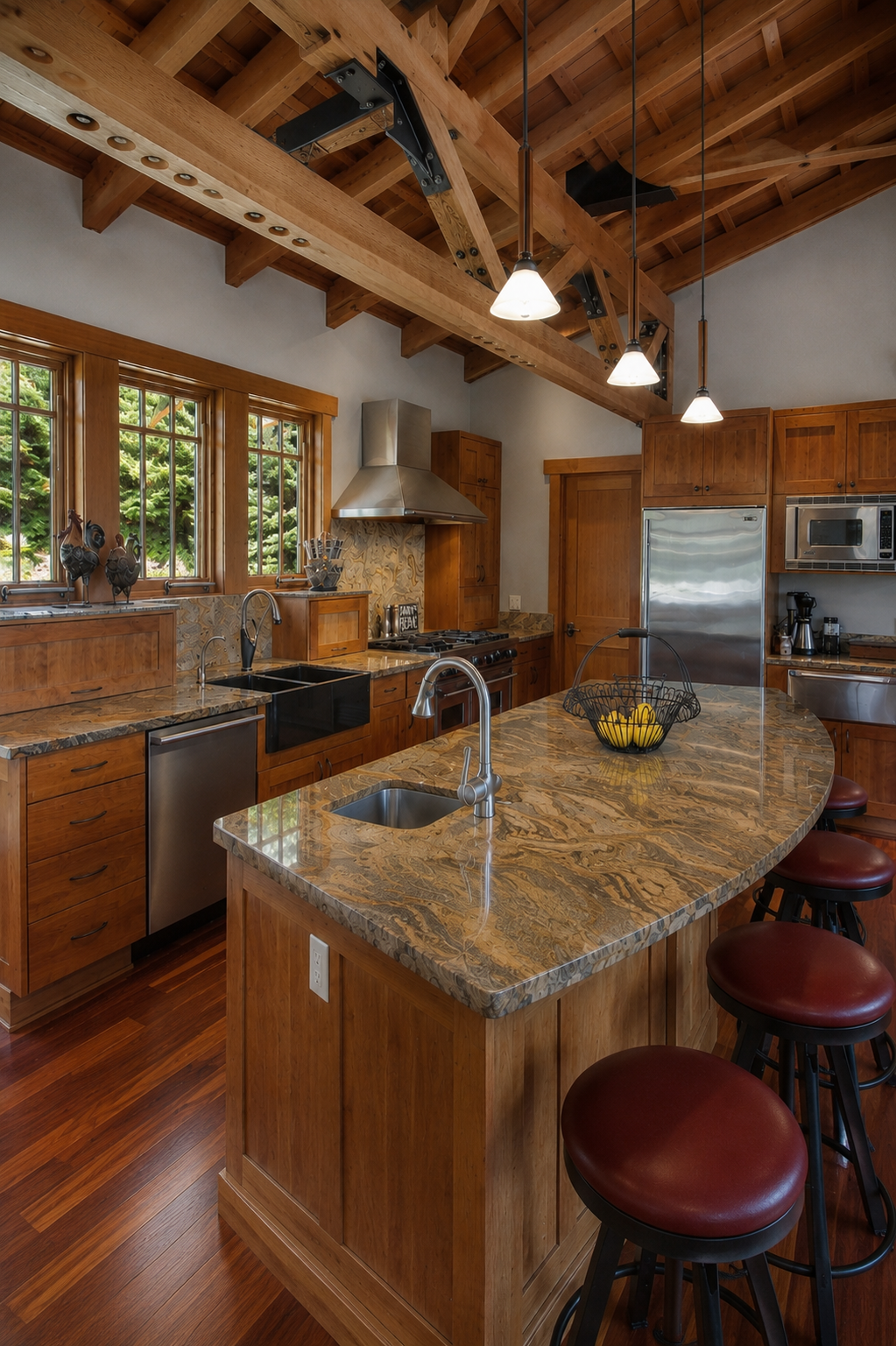 Custom kitchen remodel with granite island and timber-frame ceiling